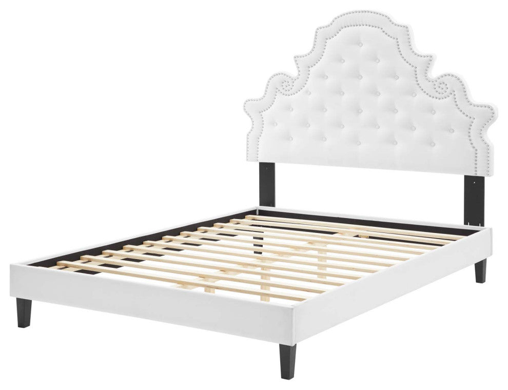 Tufted Platform Bed Frame, Twin Size, Velvet, White, Modern Contemporary