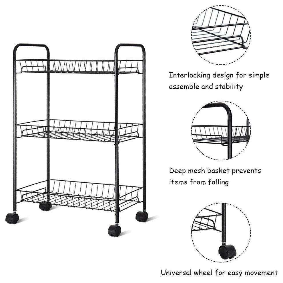 Modern 3-Tier Rolling Kitchen Utility Trolley With Storage Shelf Baskets