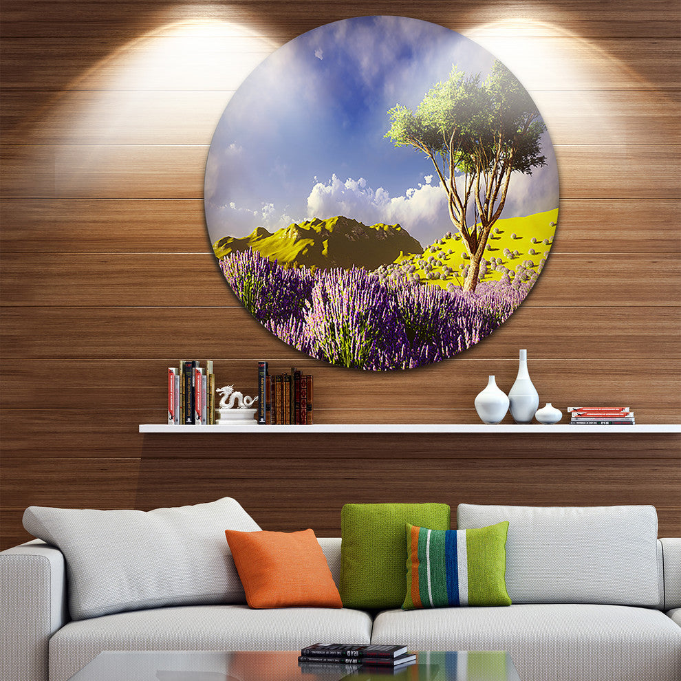 Bright Lavender Garden Field, Modern Landscape Round Wall Art, 11"