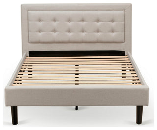 2-Pc Platform Full Size Bed Set, 1 Wood Bed Frame, Nightstand Mist Beige Fabric
