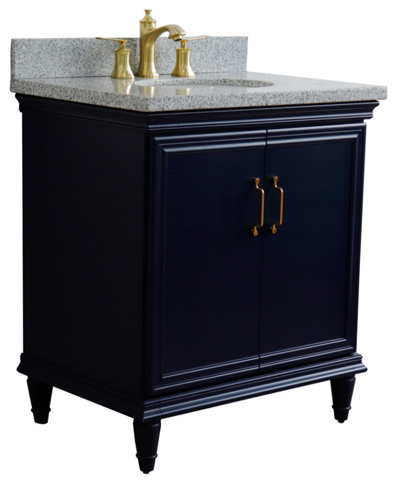 31" Single Vanity, Blue Finish With Gray Granite And Oval Sink