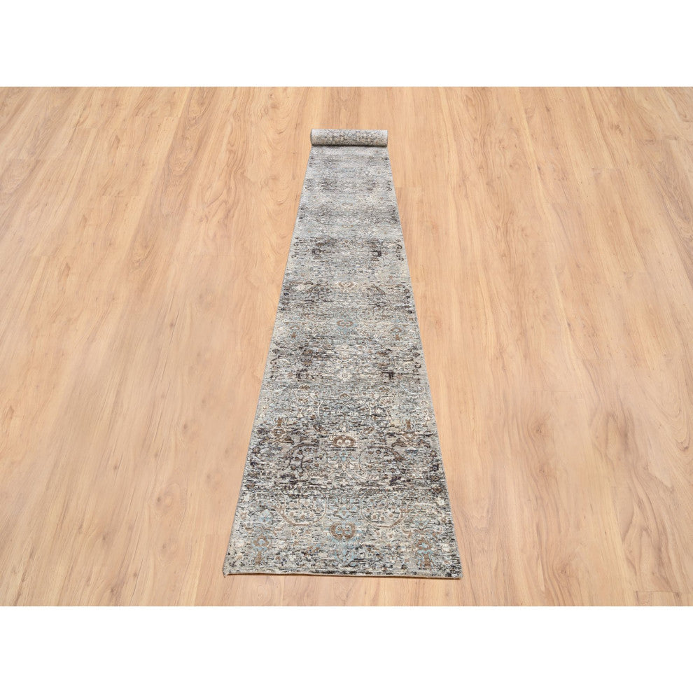 Gray, Hand Knotted Modern Persian Silk With Wool XL Runner Rug, 2'6"x20'0"