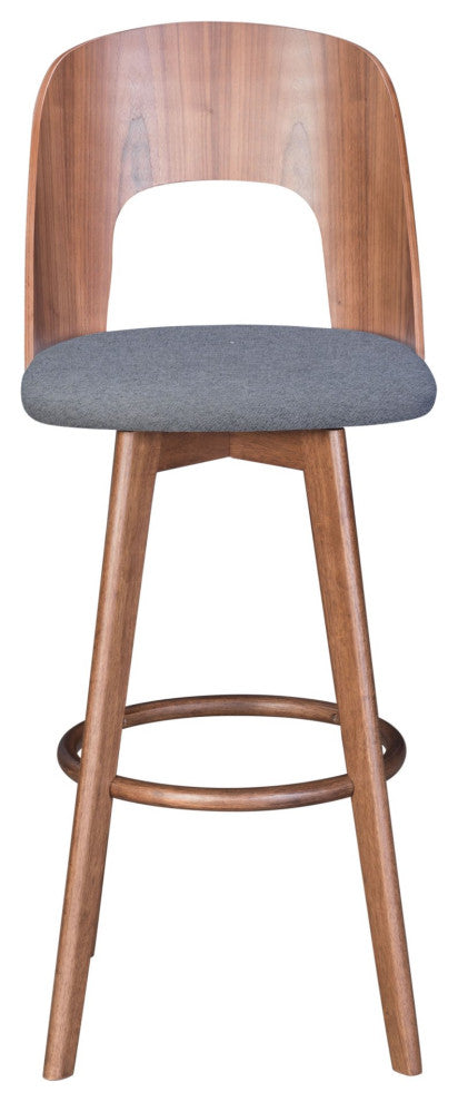 Bar Stool Chair Barstool, Set of 2, Fabric, Wood, Walnut, Gray, Cafe
