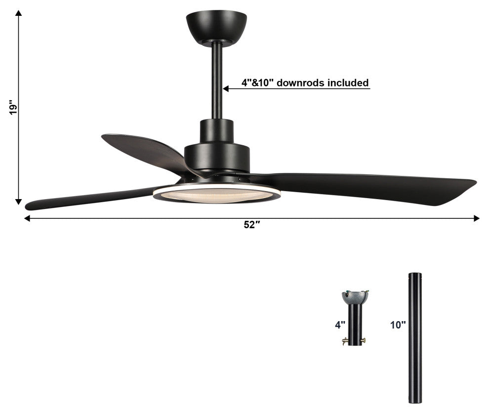 52 in.Modern Black LED Ceiling Fan with Light and Remote Control