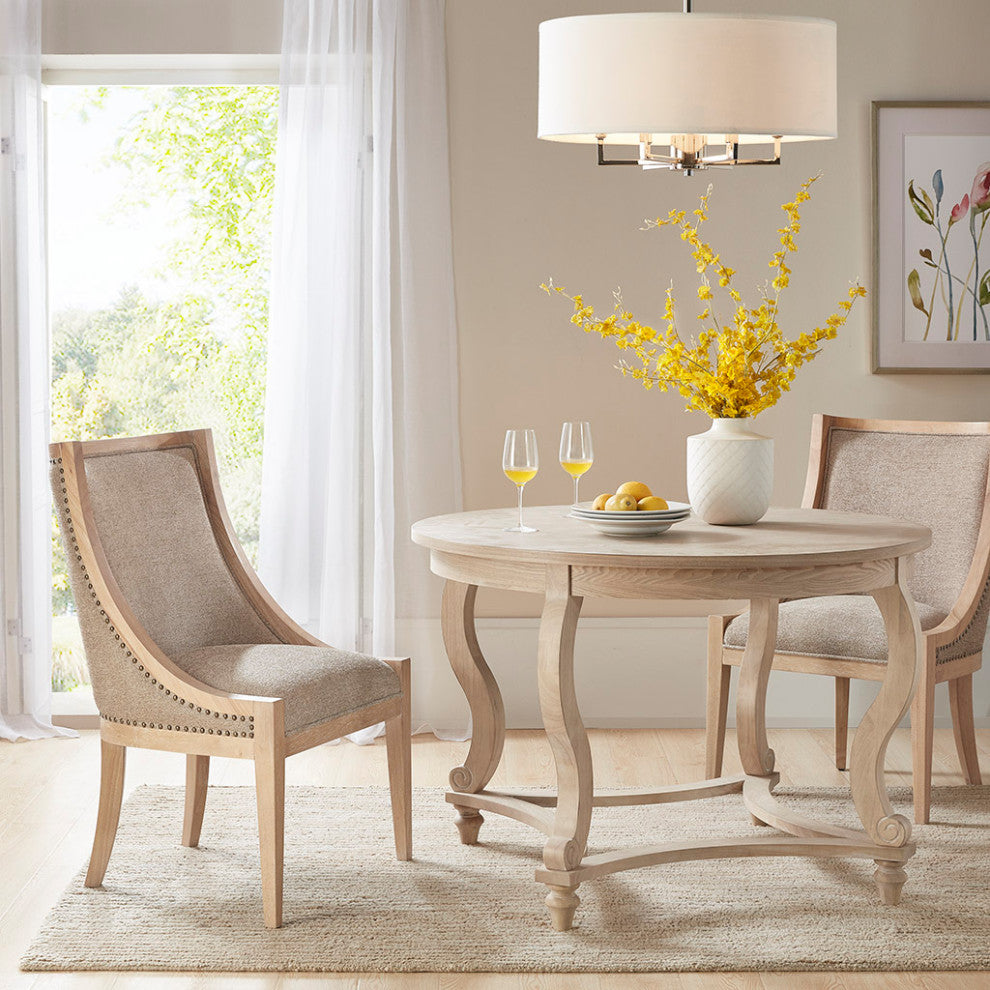Martha Stewart Farmhouse Curved Dining Chair Wheat Wood Finish, Linen Natural