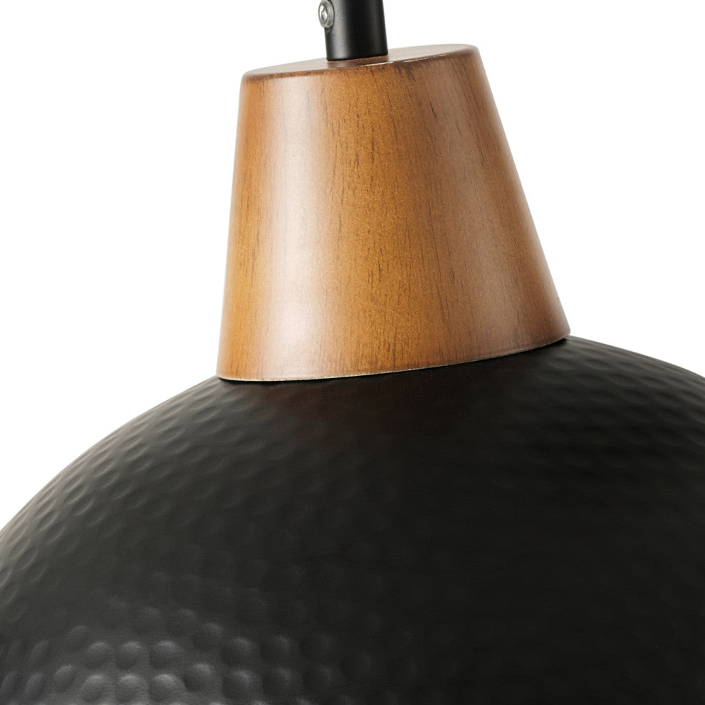 Industrial Farmhouse Pendant Light With Metal Shade and Wood Grain Design, Black
