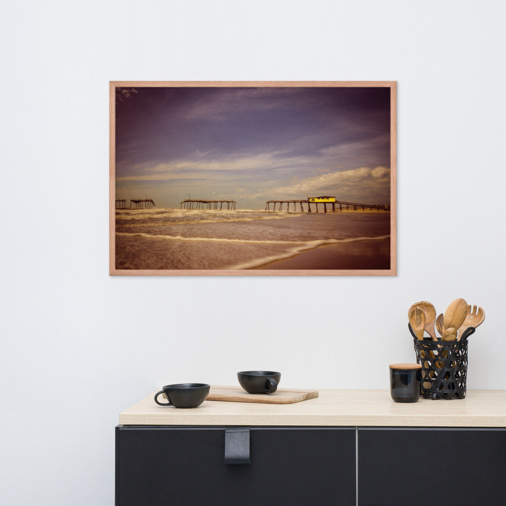 Aged View of Frisco Pier Coastal Framed Photo Paper Print, Red Oak, 24" X 36"
