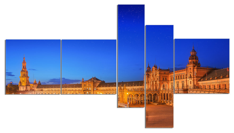 View of Spain Square at Sunset, Cityscape Canvas Art Print, 60"x32", 5 panels