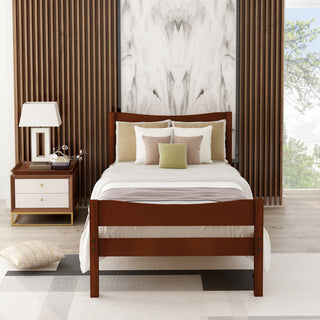 Wood Platform Bed with Headboard and Wooden Slat Support, Walnu