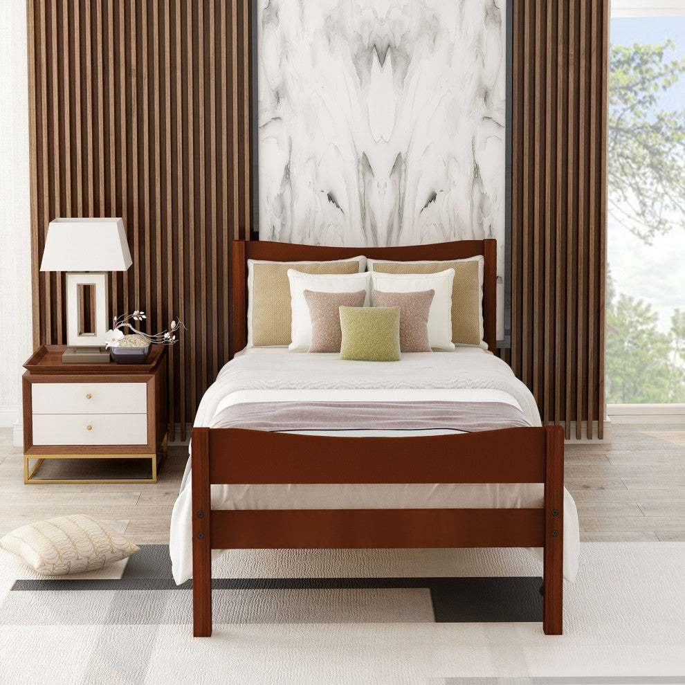 Wood Platform Bed with Headboard and Wooden Slat Support, Walnu