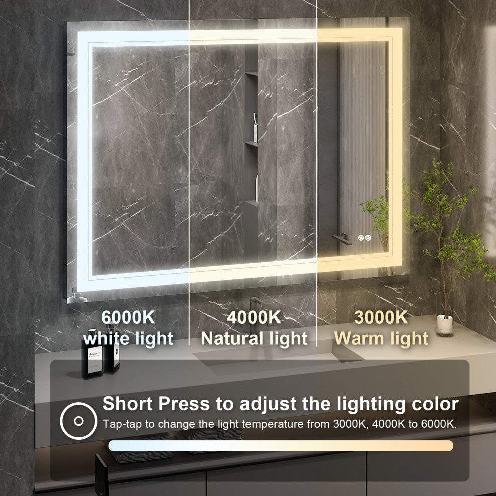 Frameless LED Lighted Bathroom Mirror With Defogger Dimmer, 48"x36"
