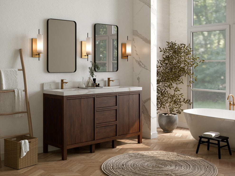 Elizabeth 60 Double Bathroom Vanity in Dark Walnut Teak 1.5" Calacatta Laza
