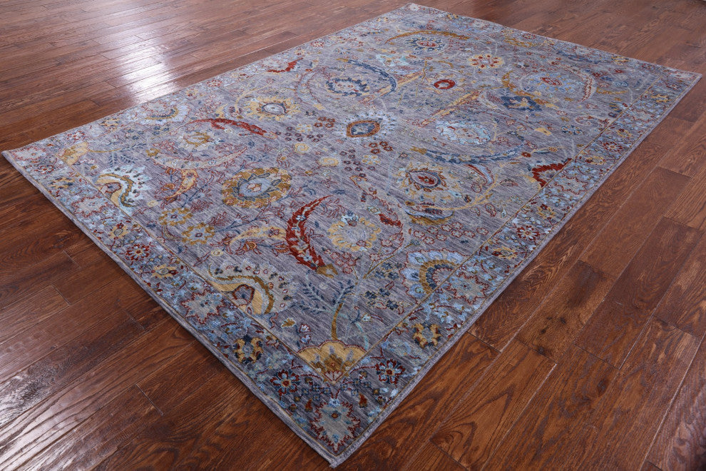 Sickle Leaf Design Persian Wool and Silk Hand Knotted Rug 6' 3" X 9' 3" Q6075