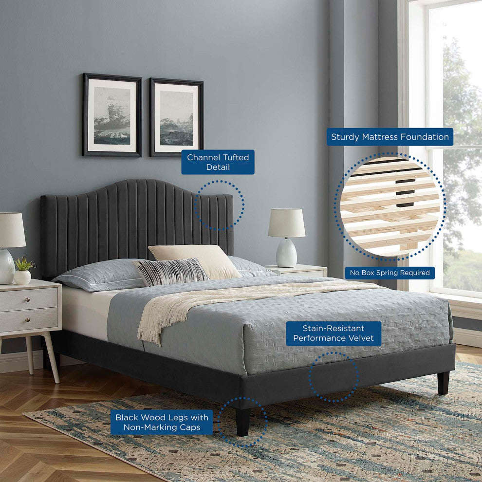 Tufted Platform Bed Frame, King Size, Velvet, Gray, Modern Contemporary