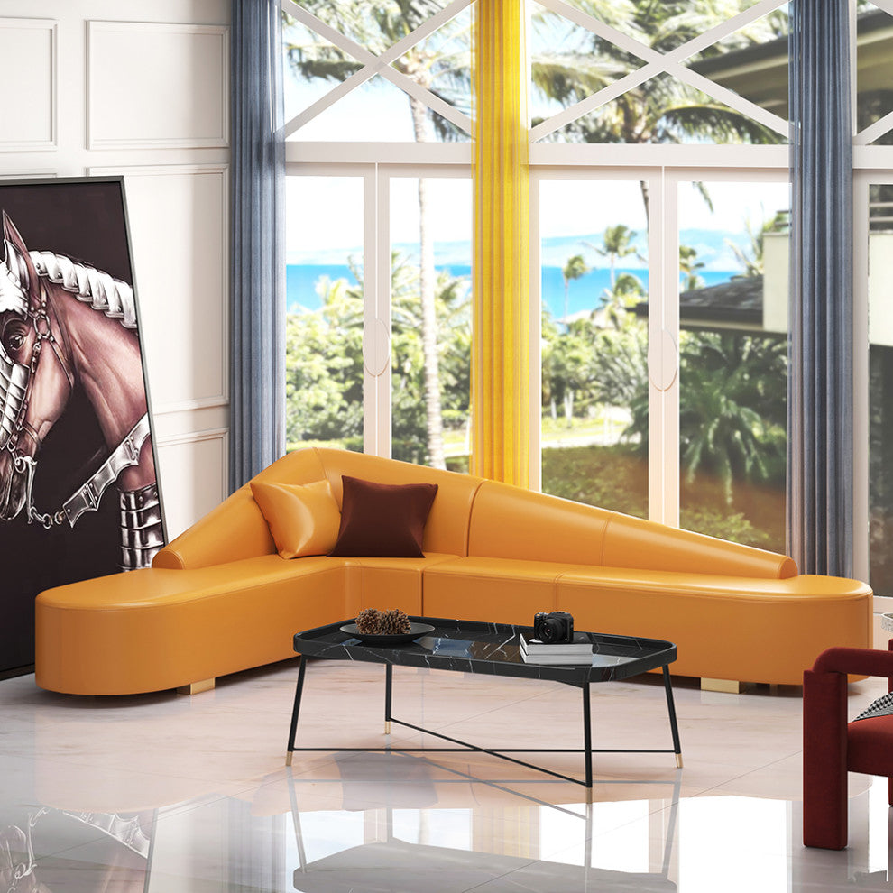 Modern 6-Seater Orange L-Shaped Corner Sectional Sofa Faux Leather Upholstery