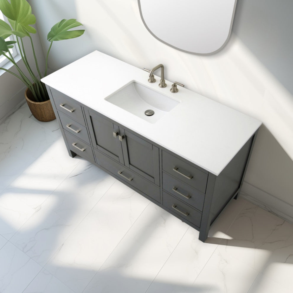 Vanea 60" Single Bathroom Vanity With White Quartz Top, Gray