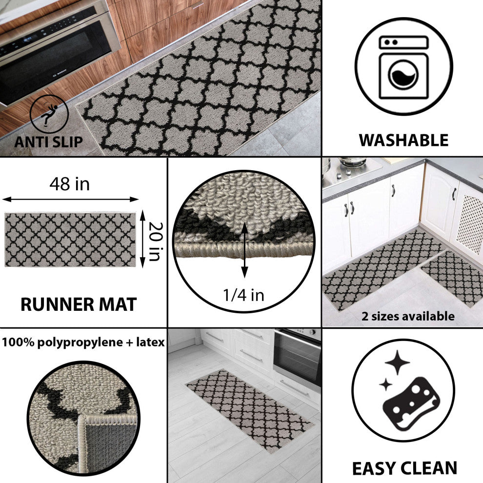 Wool Effect Arabesque, Gray/Black, Kitchen Runner Rug