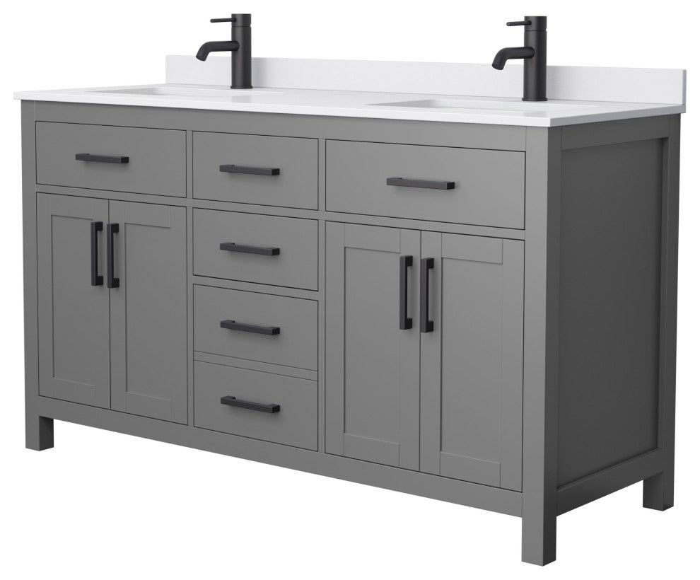 60"DBL Vanity Dark Gray, White Cult. Marble Countertop, Sinks, Black Trim
