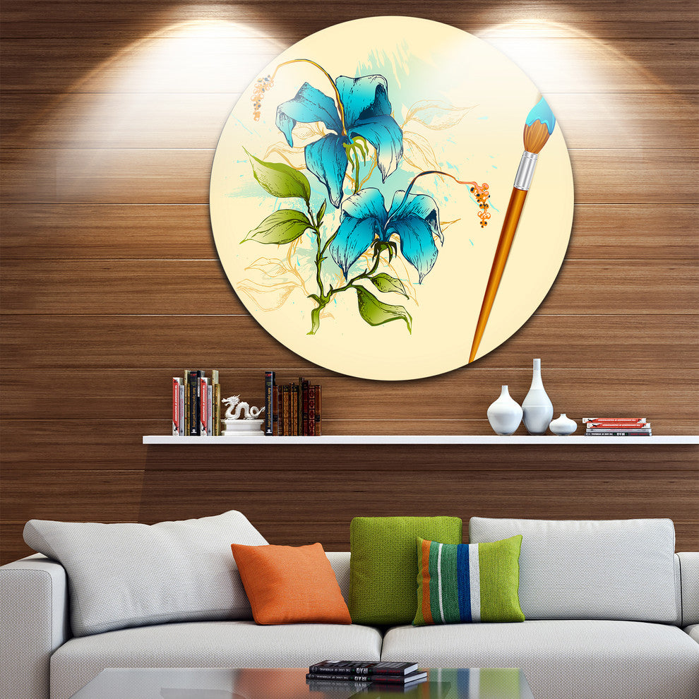 Flower With Brush Illustration, Floral Round Wall Art, 38"