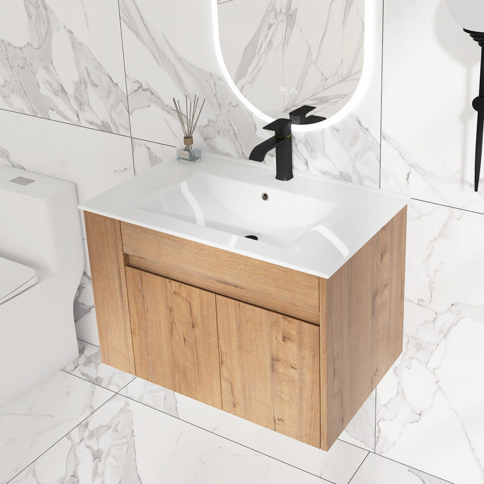 30 inch Wood Wall-Mounted Bathroom Vanity Set with Integrated Resin Sink, Imitative Oakï¼Œwhite