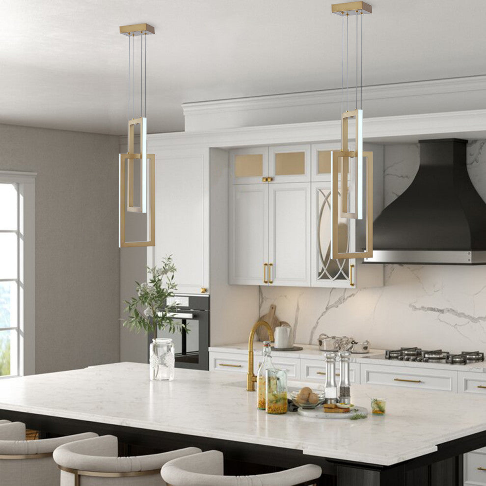 2-Light Rectangle LED Pendant Light Chandelier, Gold