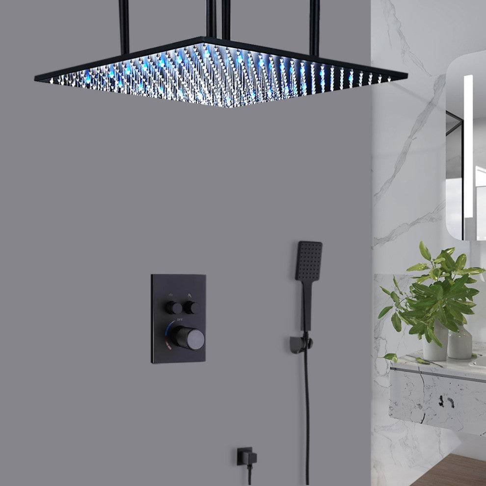Matte Black Ceiling Mount Shower System With Thermostatic Mixer, Handheld Shower