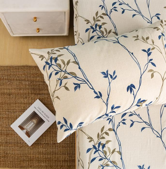 Blue Leaf Vine Cream Poplin Cotton Fitted Sheet