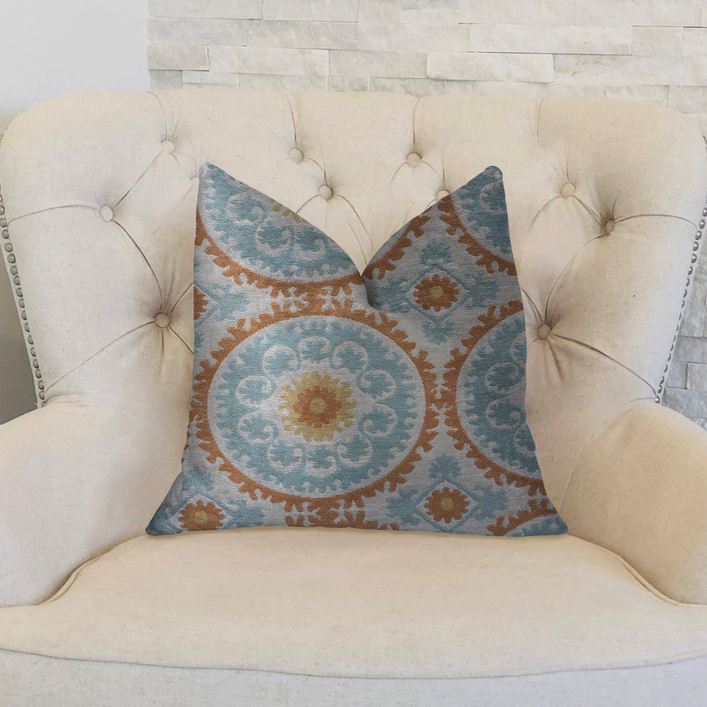 Sunset Cottage Orange, Blue and Ivory Throw Pillow, Double Sided 22"x22"