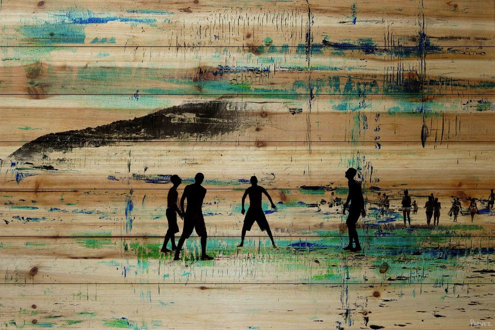 "Evening Beach Green" Painting Print on Natural Pine Wood, 60"x40"