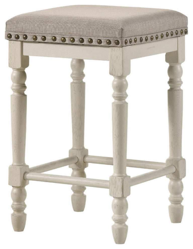 24 Inch Counter Height Stool, Luxe Nailhead Trim, Set of 2, Antique White