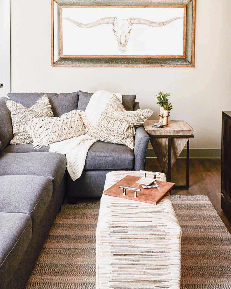 Modern Rustic Industrial Pyramid End Table, Geometric Iron Wood Block Accent