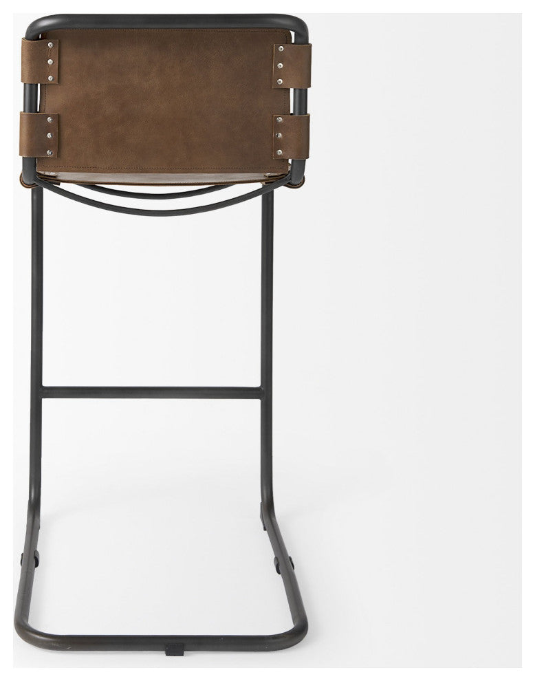 Light Brown Leather Iron Framed Bar Stool