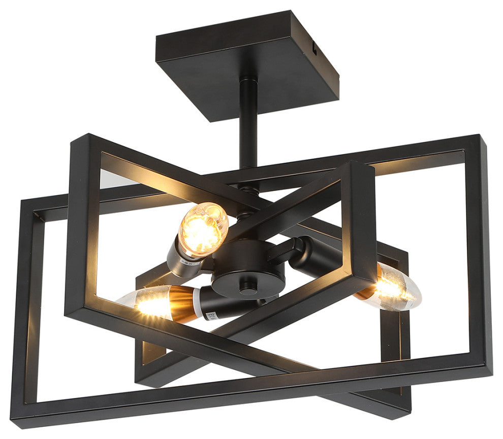 Geometric 3-Light Semi Flush Mount Rectangular Frame Ceiling Light, Black