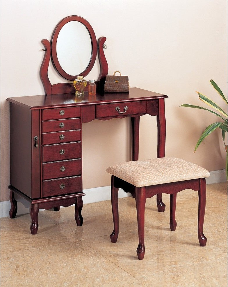 Traditional 2 Piece Vanity Set and Stool with Fabric Seat, Brown