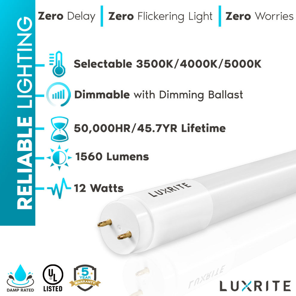 Luxrite 3'  T8 LED Tube Light 12W 3 Color Option 1560 Lumens 4 Pack