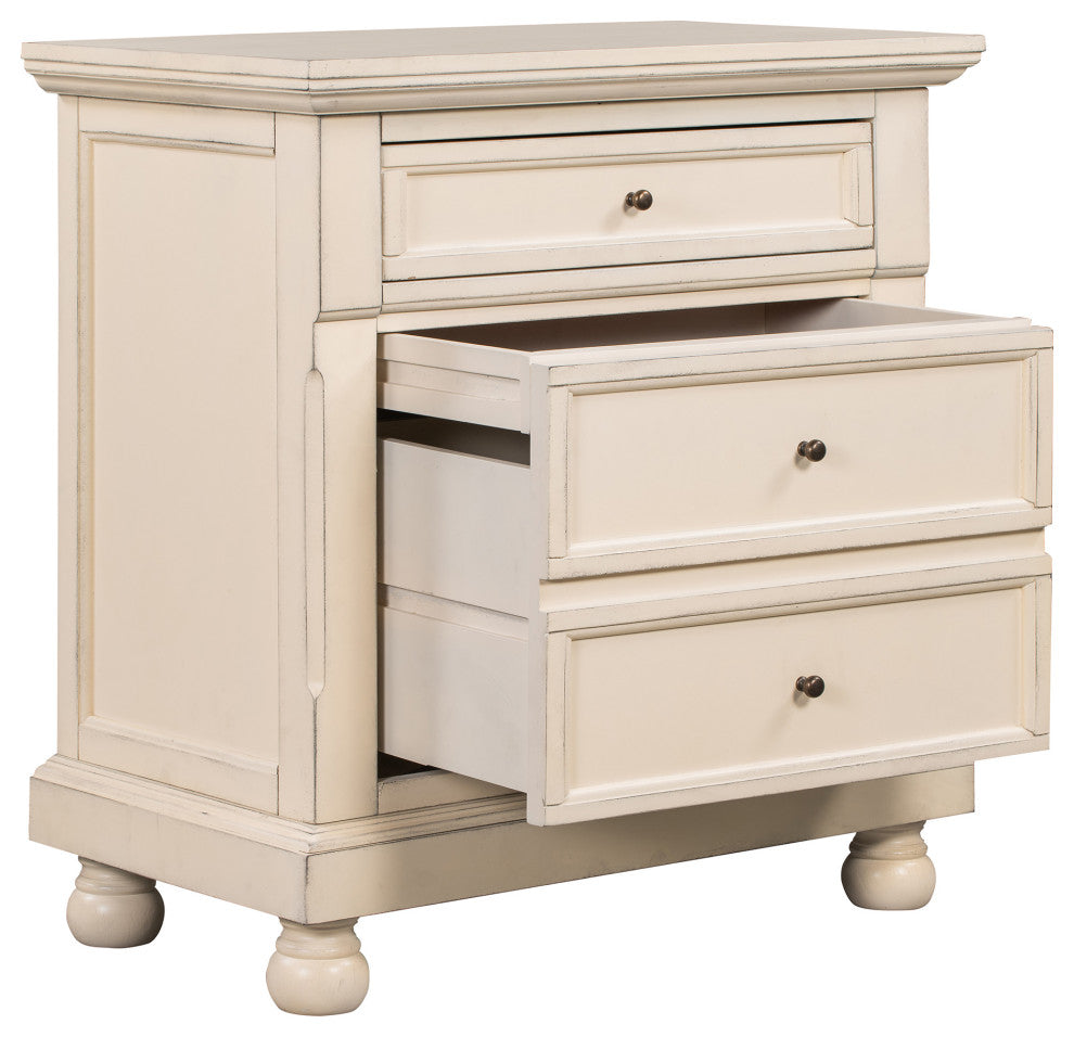 3-Drawer Wood Nightstand, Cream White, 30'' Tall