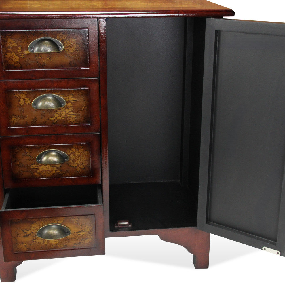 Wooden Cabinet With 4-Drawers, 1-Door, Burlwood Veneer