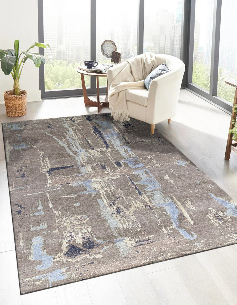 Hand-Knotted Wool Gray Transitional Abstract Traditional Knot Rug, 7'10x10'