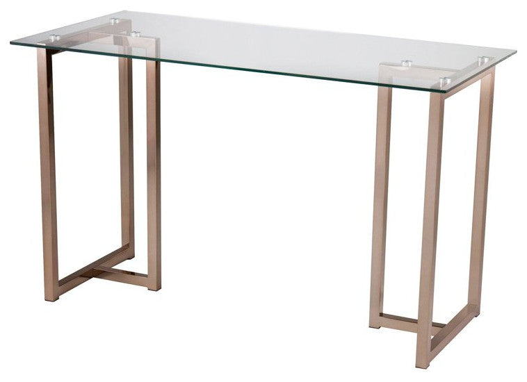 Contemporary Desk, Champagne Finished Metal Base With Clear Tempered Glass Top