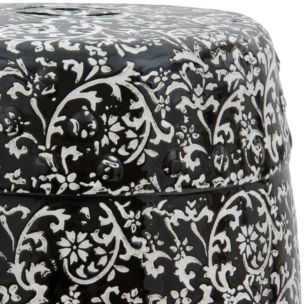 18" Black and White Floral Porcelain Garden Stool