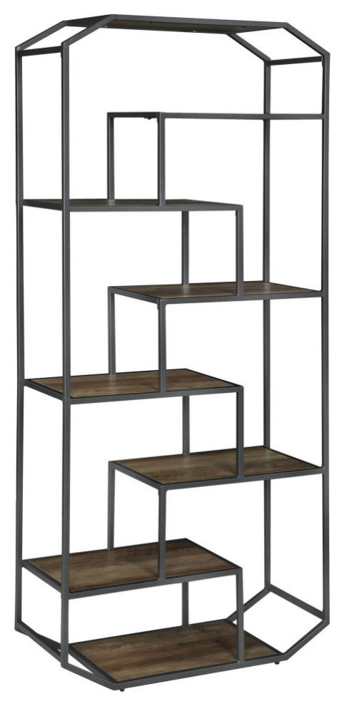 72 Inch Wood Bookcase, Geometric Metal Frame, 7 Shelves, Gray, Brown