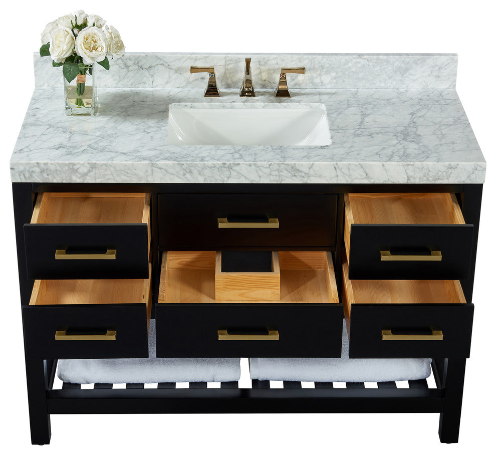 Elizabeth Bath Vanity, Black Onyx, 48", Gold Hardware, With Mirror