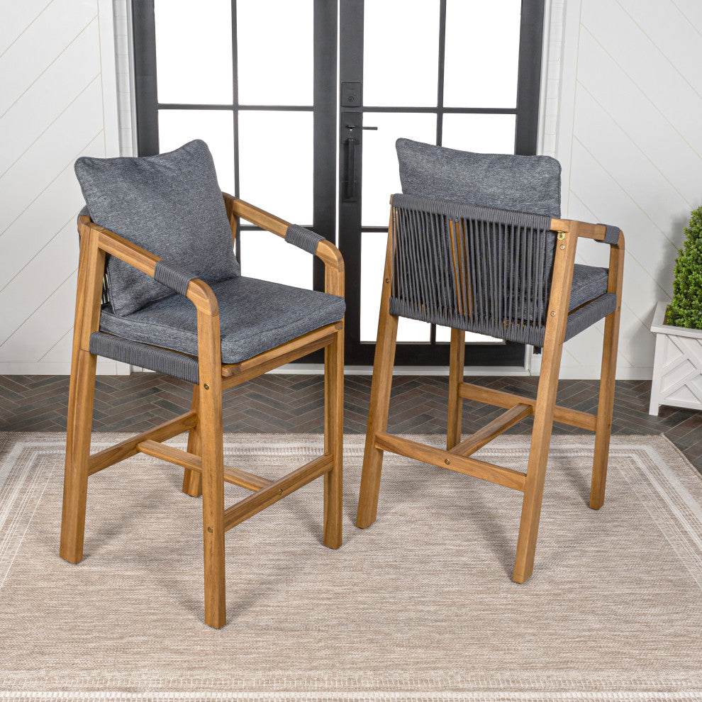 Modern Tub Roped Acacia Wood Outdoor Bar Stool With Cushions, Armrests, Set of 2