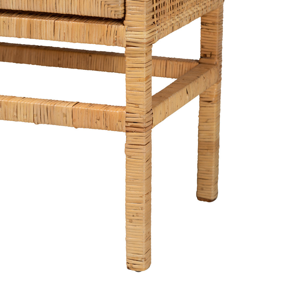 Vivan Bohemian Natural Brown Rattan and Mahogany Wood 3-Shelf Storage Cabinet