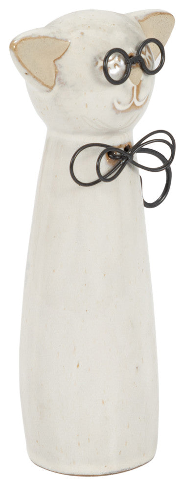 Ceramic 7"H Cat With Glasses, Beige