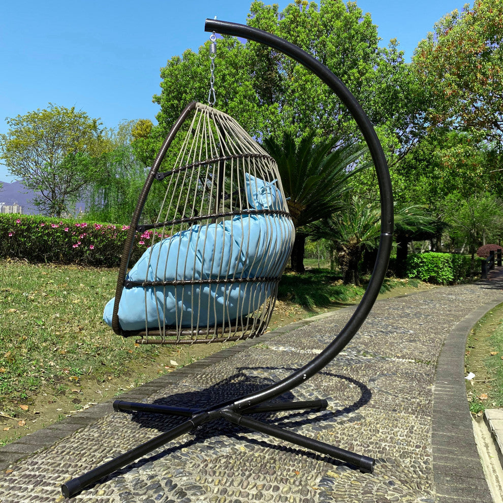 Outdoor Patio Wicker Folding Swing Chair Hanging With Bracket and Cushion Pillow