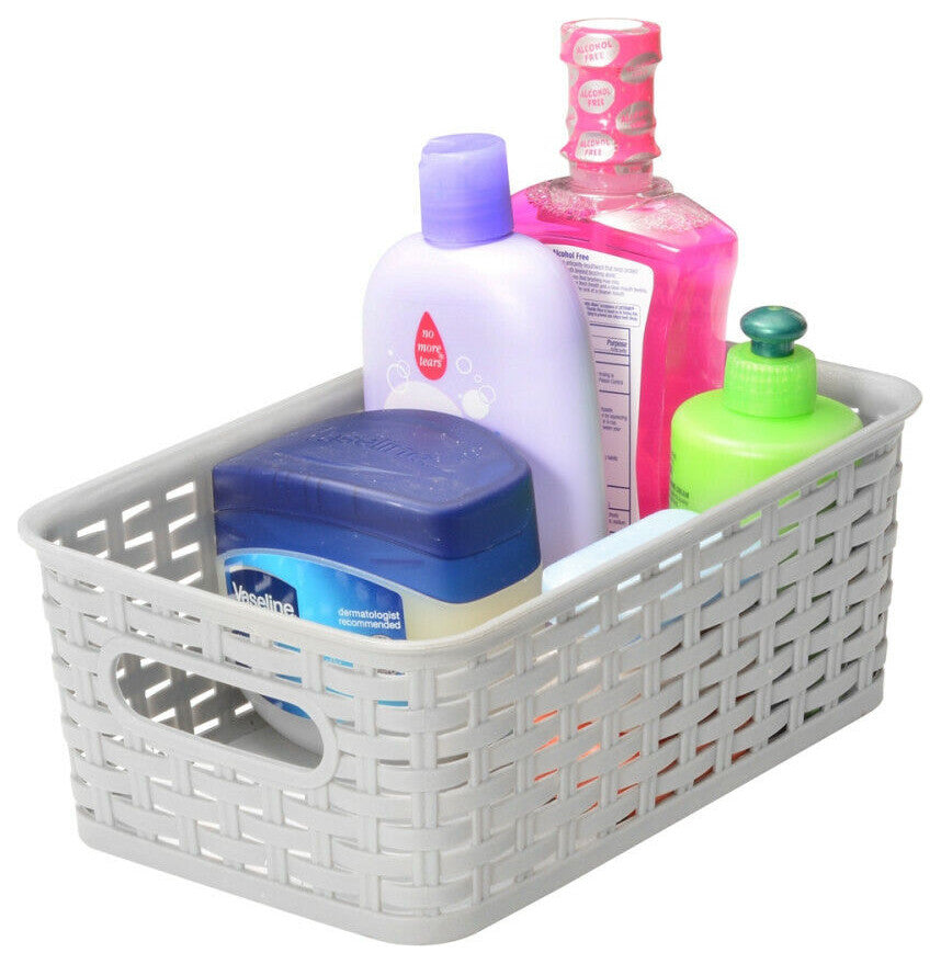 Plastic Rattan Storage Box Basket Organizer, White, Small-Pack of 3