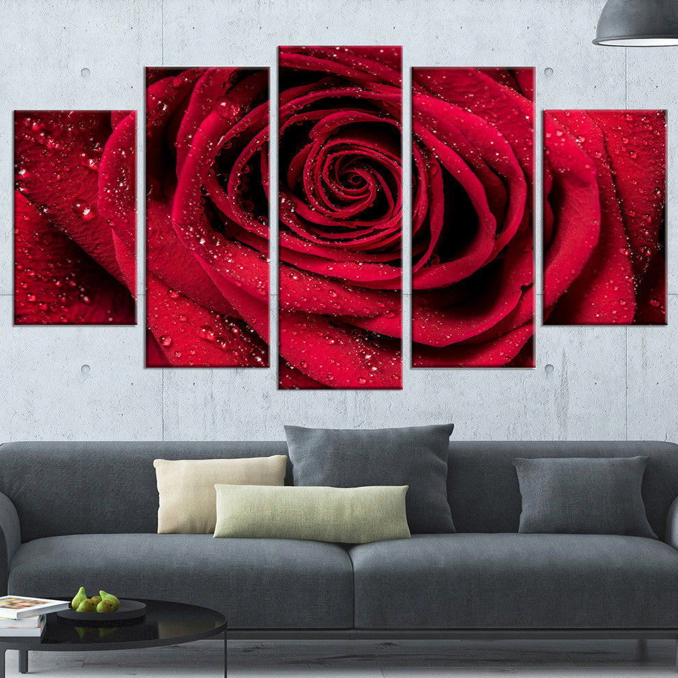 "Red Rose Petals With Rain Droplets" Canvas Print, 5-Panels, 60"x32"