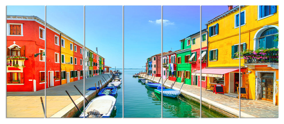 Colorful Burano Island Canal Venice, Landscape Canvas Art, 83"x32", 7 Panels