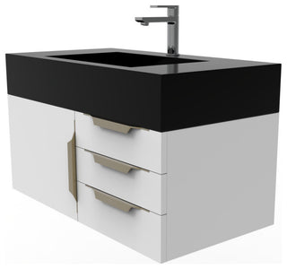 CastelloUSA Nile 36" Wall Mounted Vanity Set, White, Black Top, Gold Handles